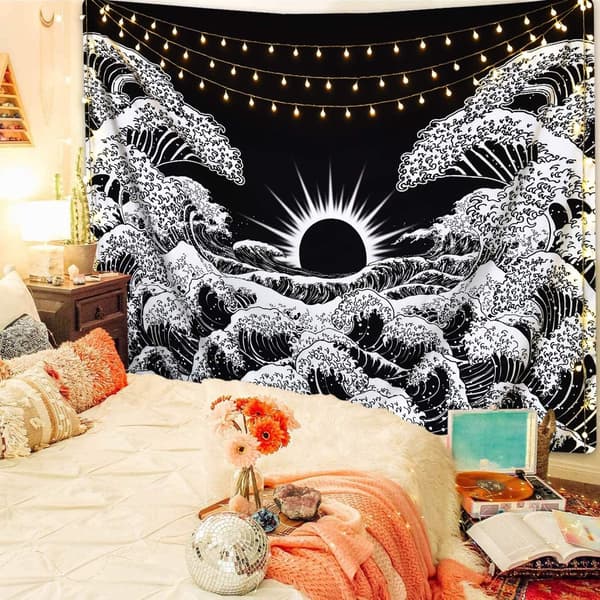 Mandala-seinävaatekuvio suuri aalto auringonlaskulla mustavalkoinen