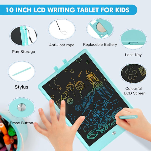 LCD Skrivetavle for Barn 10 Tommer Fargerik Toddler Doodle Board Tegnetavle Gjenbrukbar Elektronisk Tegneputer Utdannings- og Læringsleketøy (Blå)