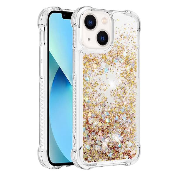 Til iPhone 14 6.1 tommer, Flydende Glitter Pailletter TPU Bagcover/Hjerter