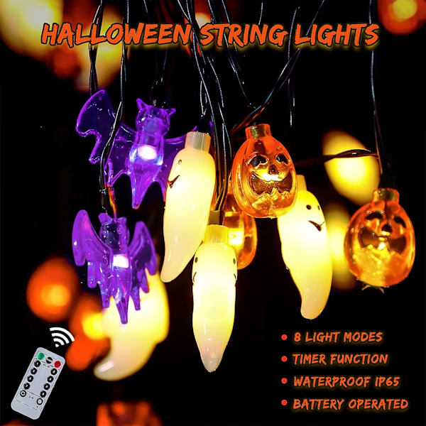 Halloween Lysstreng Batteridrevet LED 3D Græskar Flagermus Spøgelseslys med Timer - 8 Lystilstande Halloween Dekoration