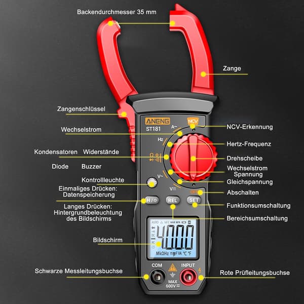Digital AC Multimeter Tangmeter DC AC Spændingsmåler Spændingstester Hz Amperemeter NCV Ohm Test