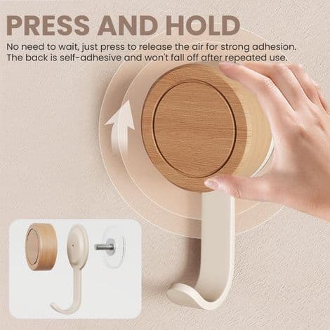 Bathroom Suction Cup Hook, 4 Wooden Self-Adhesive Wall Hooks, Reusable Self-Adhesive Wall Hooks, Ceiling Hook - White