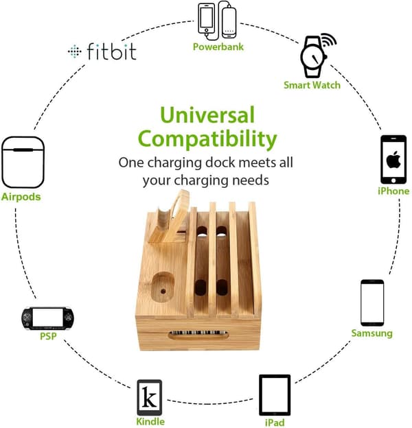 Bamboo Wood Multi-Device Charging Station and Storage Box, Univer