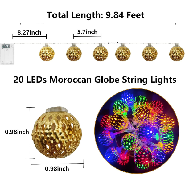 Batteridrevne Lysstrenge med 20 Multifarvede LED-Globe Fairy Lysstrenge, Indendørs Lysstrenge til Hjem, Soveværelse, Fest, Jul