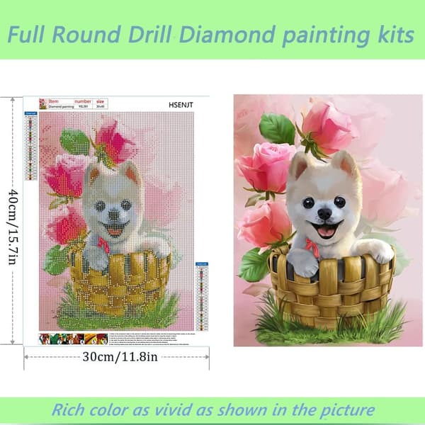 Sød hvalp DIY diamantmaleri sæt, blomst diamantkunst håndværk, ro
