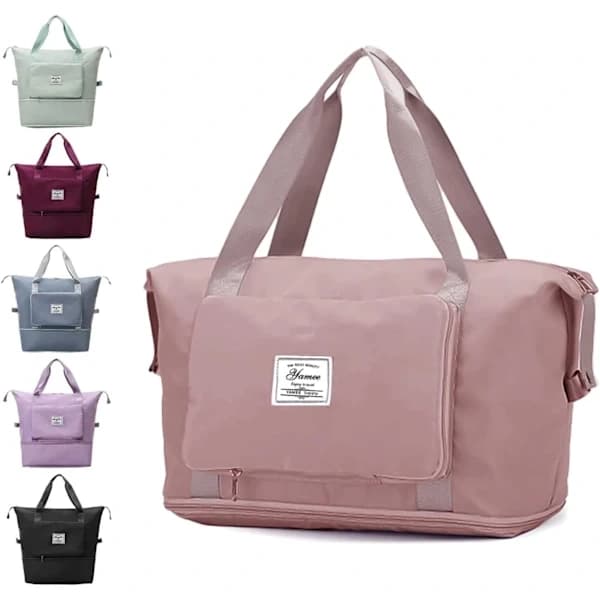 Large Foldable Travel Bag, Lightweight Waterproof Carry-on Bag with Fixed Strap - Pink