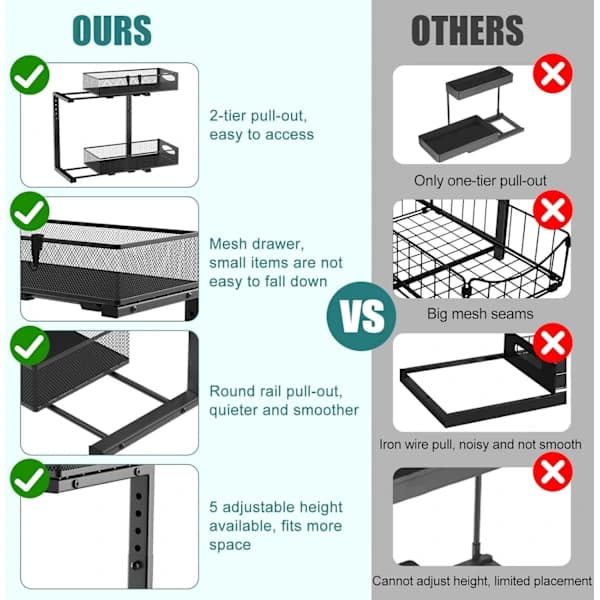 HA~Metal Storage Under Sink, 2-Tier Pull-Out Kitchen Shelf Under Sink with Adjustable Height, Under Sink Organizer