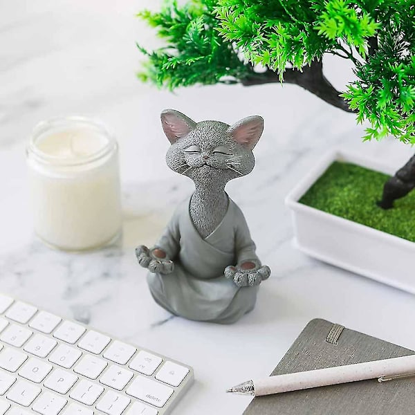 Fantasifuld Grå Buddha Kat Statue Meditation Yoga Samleobjekter