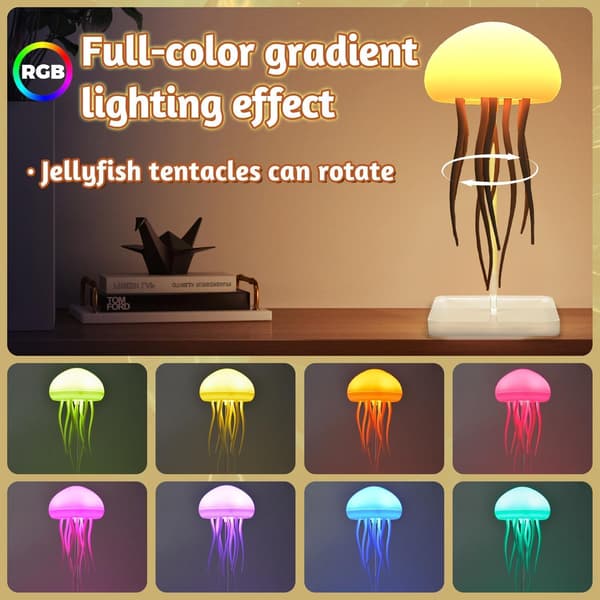 Bordlampe med RGB-gradientbelysning, animerte ben og berøringssensor, egnet for soverom og stue.