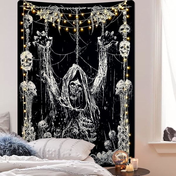Skalle Tapestry Sort og Hvid Tapestry  Tapestries Sort Troldmand Tapestry Lodret Gotisk Tapestry Væghængning til Værelse (73× 95CM
