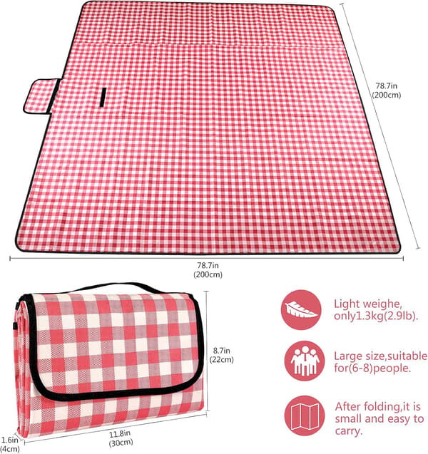 Picnic Blanket (200 cm x 200 cm) — Waterproof, Washable, Lightweight, with Handle — Yellow and Pink Plaid Pattern
