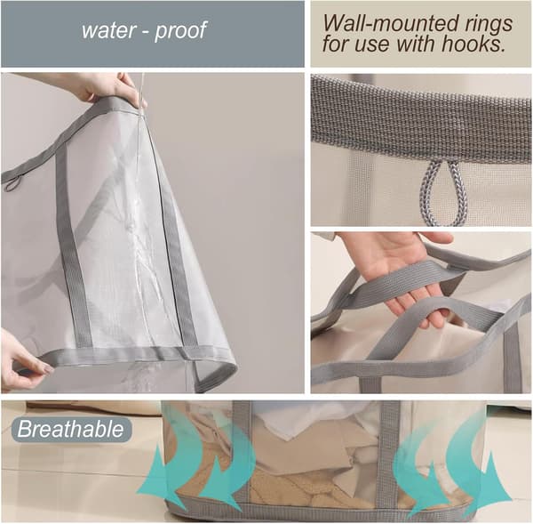 Foldable Laundry Basket, Set of 4 - Breathable Collapsible Storage Bag for Laundry Sorting - Space-Saving Travel and Beach Bag - Black Grey 39x26x44cm