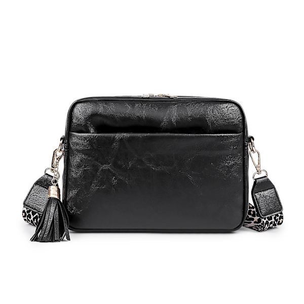 Naisten PU-nahkainen olkalaukku, leopardikuvioinen kitararemmi, crossbody-laukku, lahja, musta