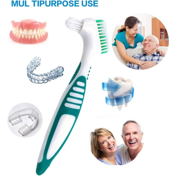 Premium Hygiene hammasproteesien set, monikerroksiset harjakset ja ergonominen kumikahva, hammasproteesien hoitoon (violetti ja vihreä)