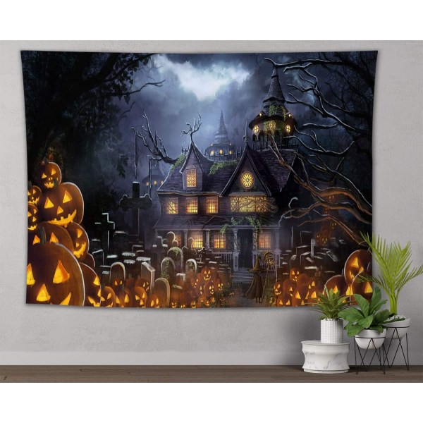 Tapestry Haunted Castle Tapestry Vægophæng Kirkegård Woods Moon Night Pumpkin Jack-O-Lantern Vægdekoration Vægtapet til Bedro