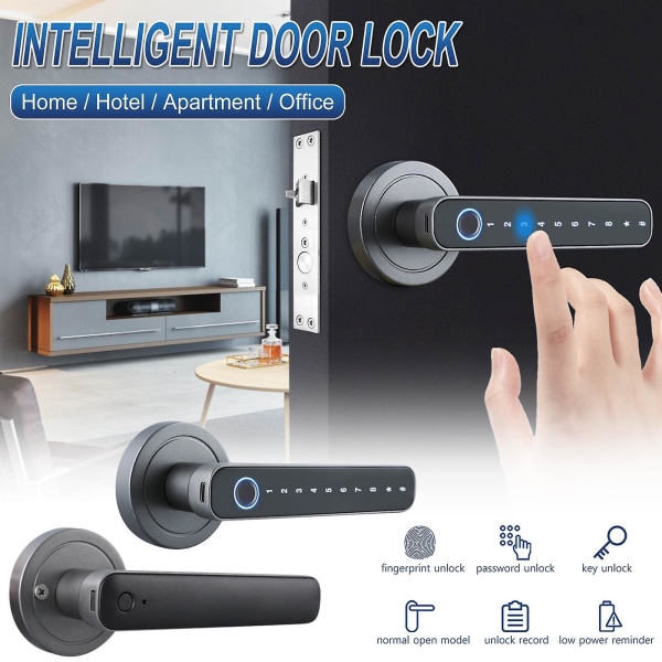 Smart Dørlås med fingeravtrykk, nøkkelfri Bluetooth-dørknapp, biometrisk Dørlås med håndtak med fingerpr