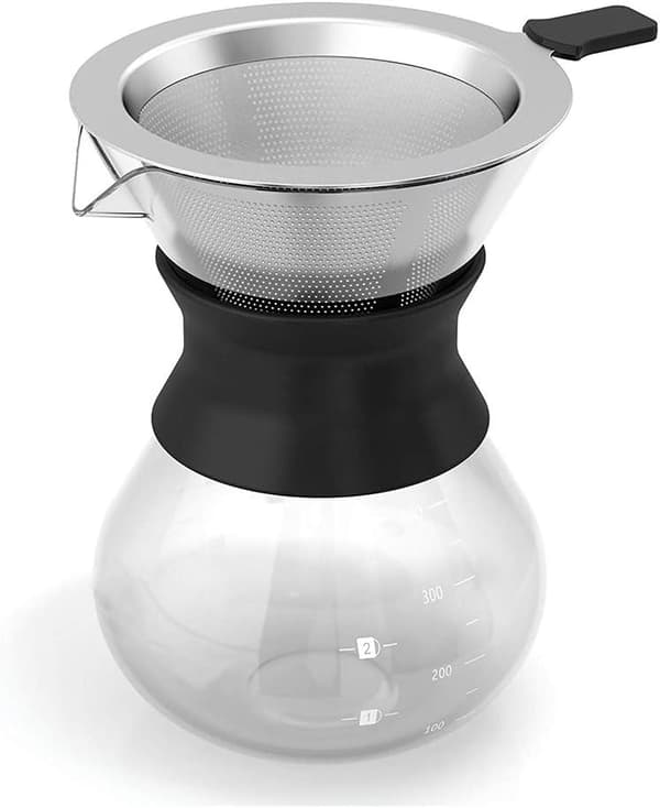 Hell over kaffesett med gjenbrukbart dryppfilter i rustfritt stål, elegant kaffetrakter, glasskaraffel og permanent filter i rustfritt stål
