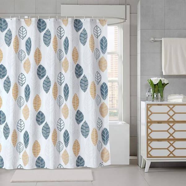 Plant Leaf Geometry Flowers Pattern Polyester Waterproof Fabric Bathroom Curtain with 12 Hooks, 180x180cm