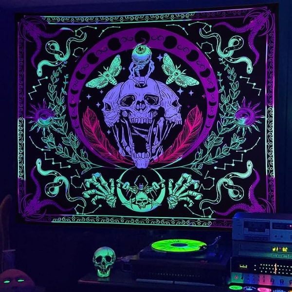 UV-reaktivt skjelettsveve, gløder i mørket festbakgrunn, svart lys trippy psykedelisk rom neon kule plakater for