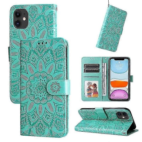 Embossed Sunflower Leather Phone Case for iPhone 12 Mini (Green)