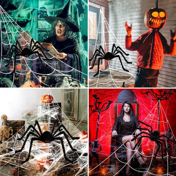 Halloween Decorations, Realistic Outdoor Plush Spider (50cm) + 5 Meter White Triangular Spider Web