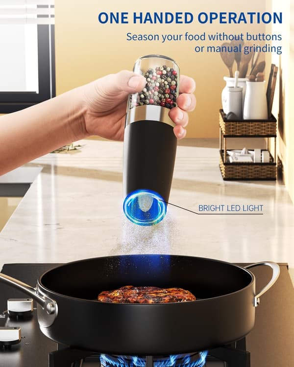 Electric Gravity Salt and Pepper Grinder Set, Automatic Battery Operated Shakers with LED Light, Adjustable Coarseness & Large Capacity