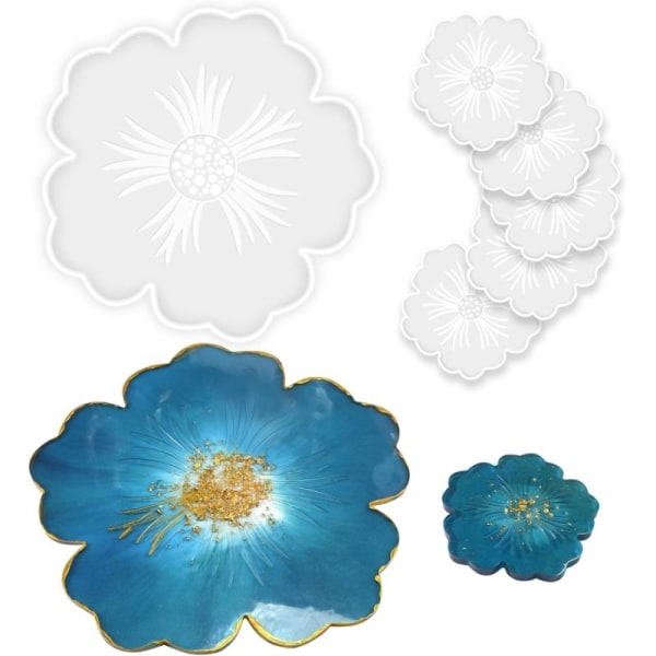 Silikon Resin Former, 1 stk Stor Resin Bretteform og 5 stk Former for Resinstøping, Blomstformet Epoxy Resinstøpeformer - 6 stk