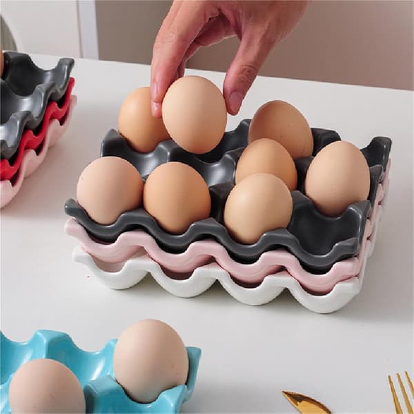 Ceramic Egg Tray, 12-Slot Refrigerator Organizer — For Kitchen and Dining (12-Slot - Black)