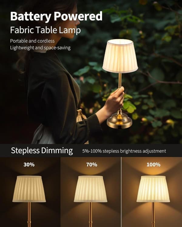 Wireless Table Lamp LED Table Lamp with Fabric Shade and Rechargeable Battery for Bedroom
