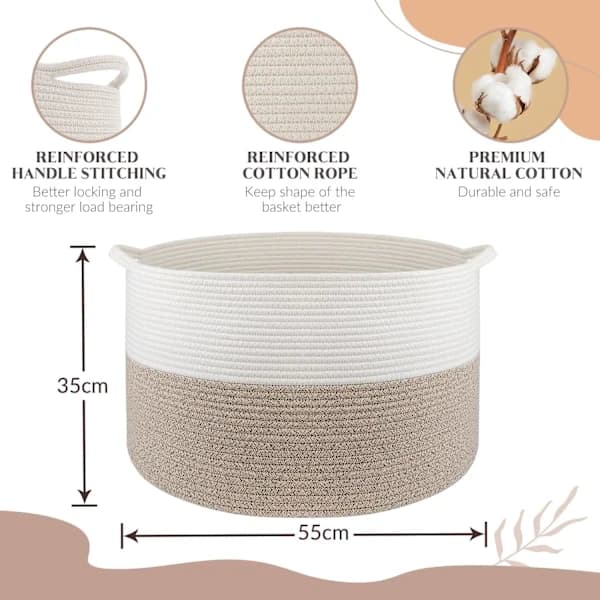 Laundry Basket, 83L D55XH35, Premium Handmade Cotton Rope Basket, Large Storage Basket with Handles, Brown