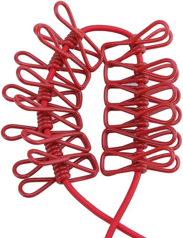 Portable Clothesline Elastic Adjustable Laundry Line with 12 Clips Travel Clothesline [Red]