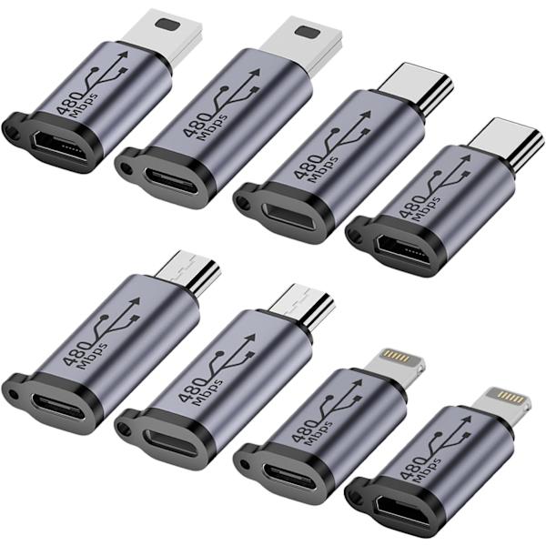 USB C til Micro USB-adapter, Type C/Micro USB hun til Lightning han-konverter, Micro USB til USB C-forlænger (8-pak)