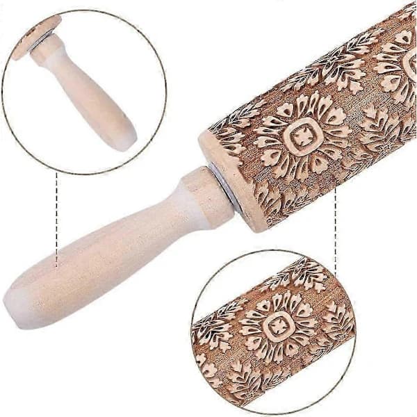 Embossed Wooden Rolling Pin with Floral Pattern, 35 cm, for Cookie Baking, 3D Pattern, DIY Kitchen Utensil, Baking Accessory, Homemade Pastry