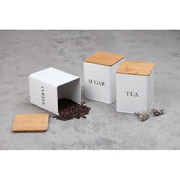 Sæt med 3 dåser til te, kaffe og sukker med lufttætte bambuslåg, hvid