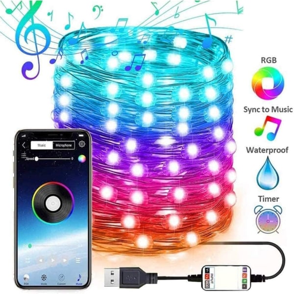 20m 200 Lys USB Mobil Bluetooth LED Lyslenke Bånd for Juletrepynt App Fjernkontroll Misfarging Belysningstreng