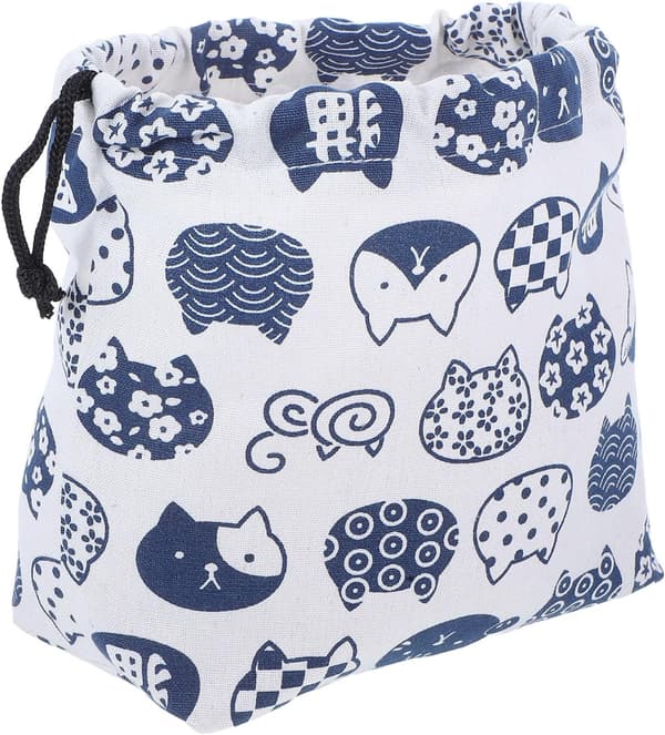 Japanese Cotton Drawstring Bento Lunch Bag with Blue Cat Pattern, Double-Layer Thickened Cotton