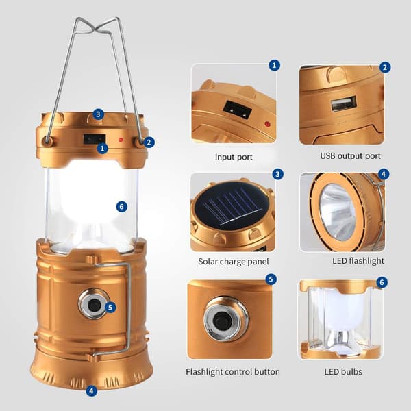 Solar Powered Camping Lantern, Foldable LED, USB-C Rechargeable, Gold