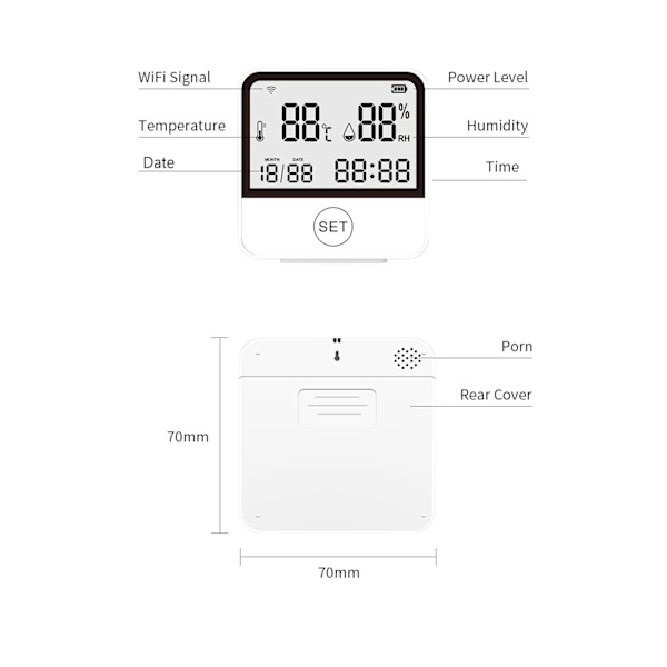 Tuya Smart Wifi Trådløs Kobling Temperatur- og Luftfugtighedssensor Smart Hjem Med Tid Og Datovisning White