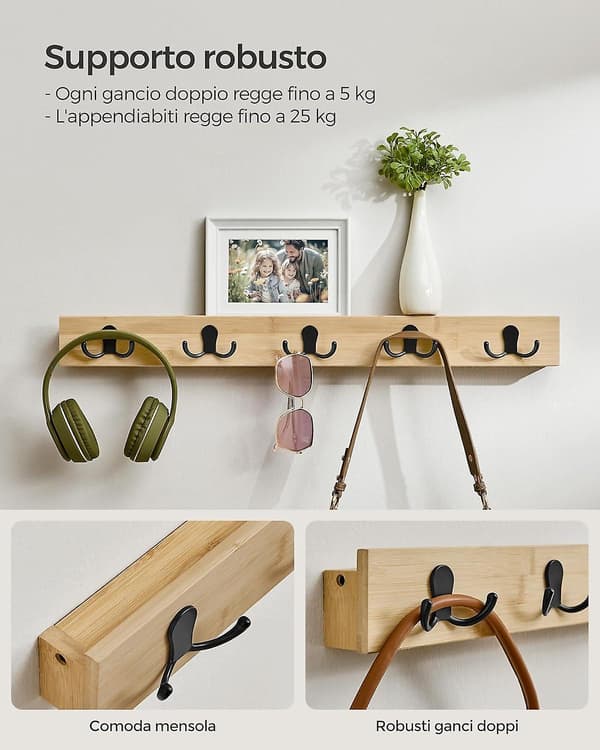 Space-Saving Bamboo Coat Rack with Double Hooks and Shelf