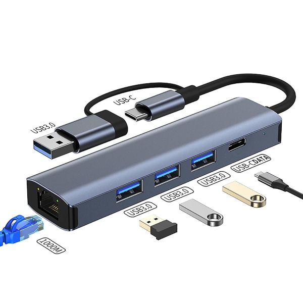 USB 3.0 till Ethernet-adapter 5 i 1 multiportsnav med Gigabit och typ-c power Lan nätverksadapter