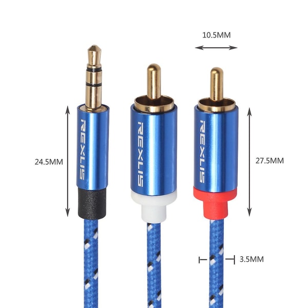2RCA till 3,5 mm Jack Han-Aux-kabel Guldpläterad Hörlursaux-kontakt Splitter Blå Blue