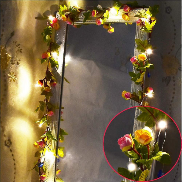 20 LED 7,2 fot Konstgjorda Rosblommor Vine String Lights, Batteridrivna Rosblommor Girland Växt Fairy Light för Alla hjärtans dag, Bröllop Sovrum Fest Ga