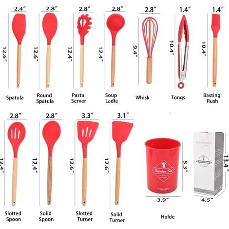 Set of 12 Kitchen Utensils, Red