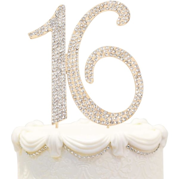 16 Kagedekoration til 16 års fødselsdag eller 16 års bryllupsdag guldglas Rhinestone festdekoration (guld)
