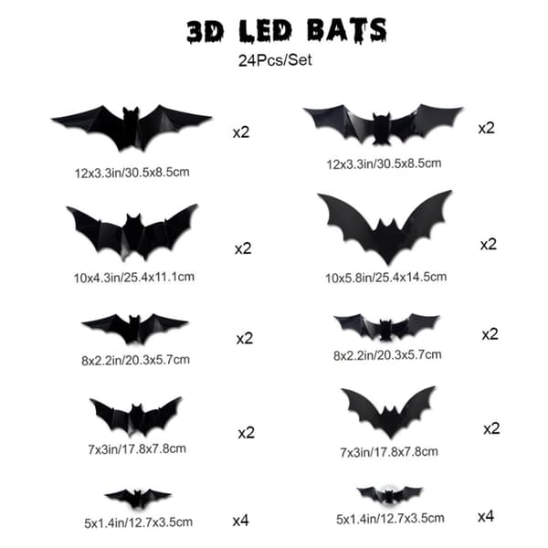 Set of 24 Halloween Decorative Bat Wall Stickers - 3D Decorative Wall Decals, 5 Sizes