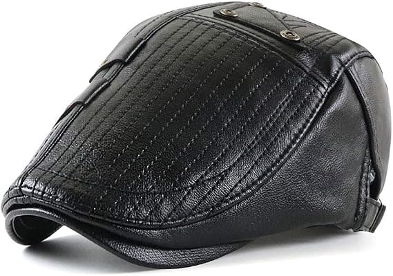 Herre Flat Cap Hat Justerbar Flat Baret PU Læder 56-60cm