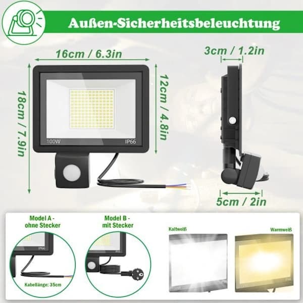 Udendørs sikkerhedsbelysning - 100W - IP66 - Varm hvid/Sort - Uden stik Sort