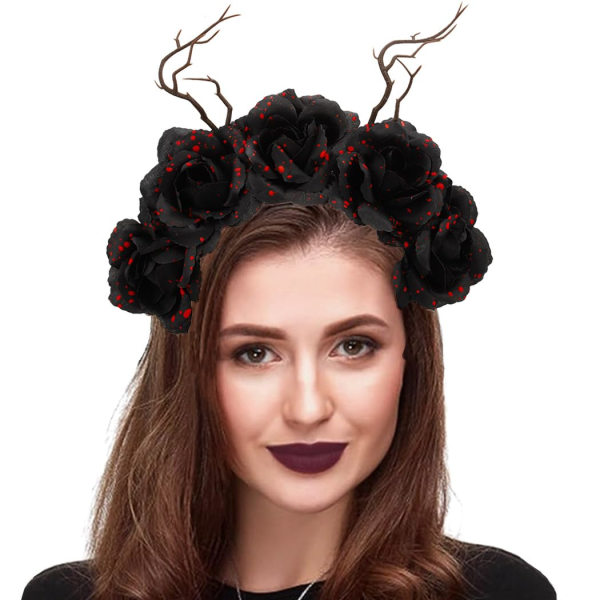 Halloween Hårbånd Sort Gevir Hårbånd Rose Blomster Hårbøjle Dødedag Hovedbøjle til Halloween Fest Cosplay