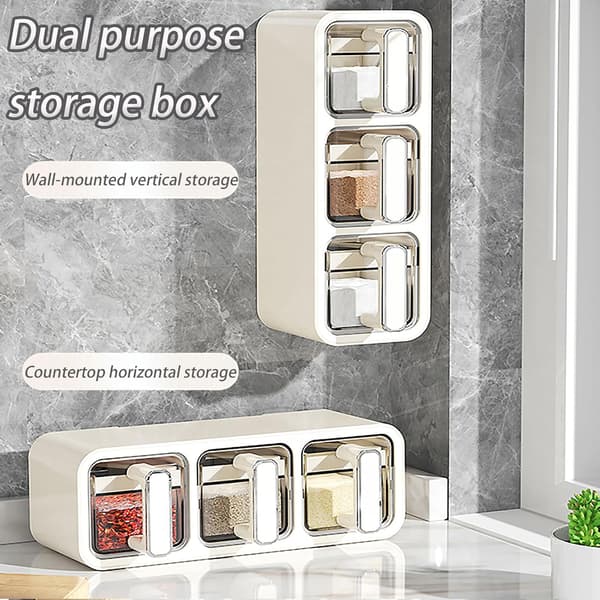 Wall-mounted Spice Organizer Spice Storage Box Large Capacity Spice Box for Kitchen 3 Compartments PP Spice Box Spice Tray with Spoon