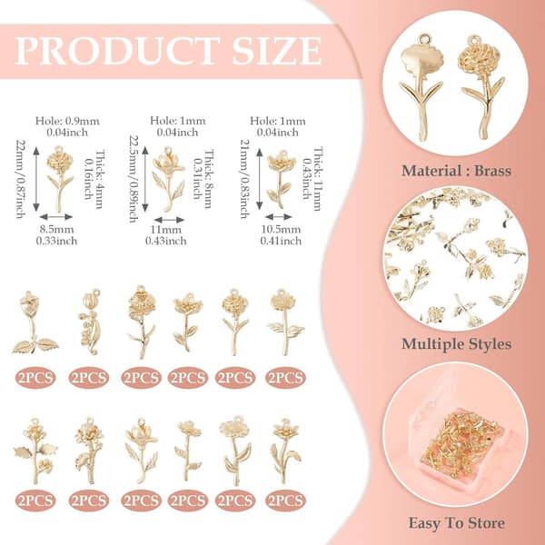 24 st gyllene blomsterberlocker, växtberlocker